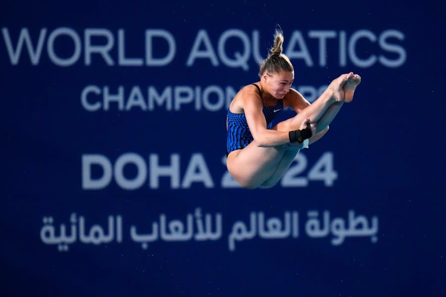 Gahanna graduate Maycey Adrianne Vieta competes for Puerto Rico during the women’s 10 m platform diving semifinals at the World Aquatics Championships in Doha, Qatar, Monday, Feb. 5, 2024. (AP Photo/Hassan Ammar)