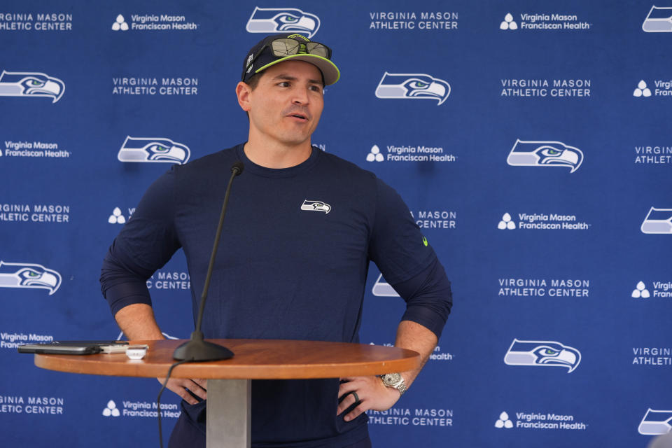 Seattle Seahawks head coach Mike Macdonald answers media questions following the NFL football team's rookie minicamp Friday, May 3, 2024, in Renton, Wash. (AP Photo/Lindsey Wasson)