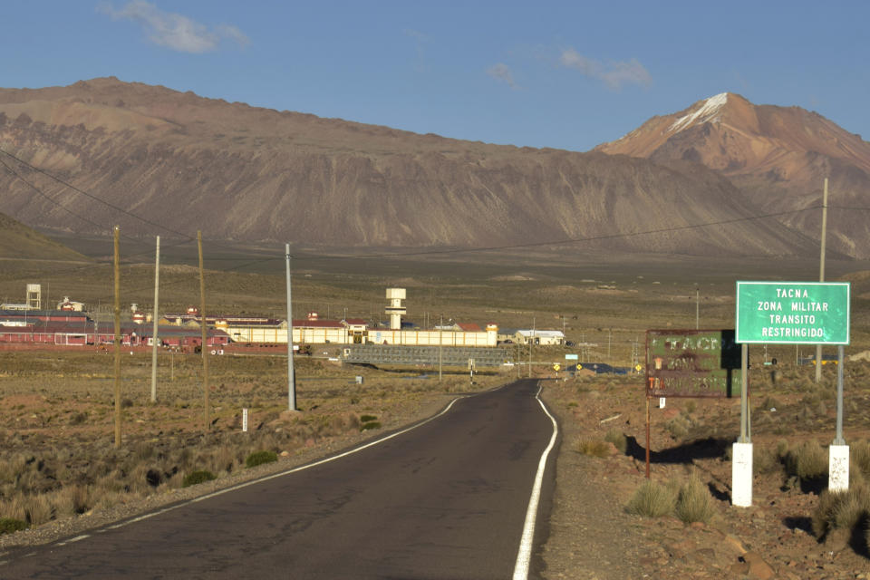 A sign announcing the Tacna military zone stands on the road leading to the Challapalca maximum-security prison, where Joran Van der Sloot is serving a 28-year sentence for the murder of Stephany Flores, in Tacna, Peru, Friday, May 12, 2023. The chief suspect in the unsolved 2005 disappearance of U.S. student Natalee Holloway is poised to face charges linked to the young woman's vanishing for the first time after the government of Peru authorized his temporary extradition to the U.S. (AP Photo/Elmer Jilaja)