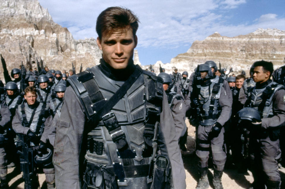 American actor Casper Van Dien on the set of Starship Troopers, based on the book by Robert A. Heinlein, and directed by Paul Verhoeven. (Photo by TriStar Pictures/Sunset Boulevard/Corbis via Getty Images)