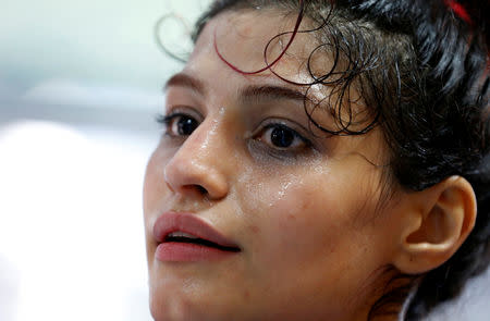 Iranian boxer Sadaf Khadem attends a training session in preparation to her first official boxing bout in Royan, France, April 11, 2019. REUTERS/Regis Duvignau