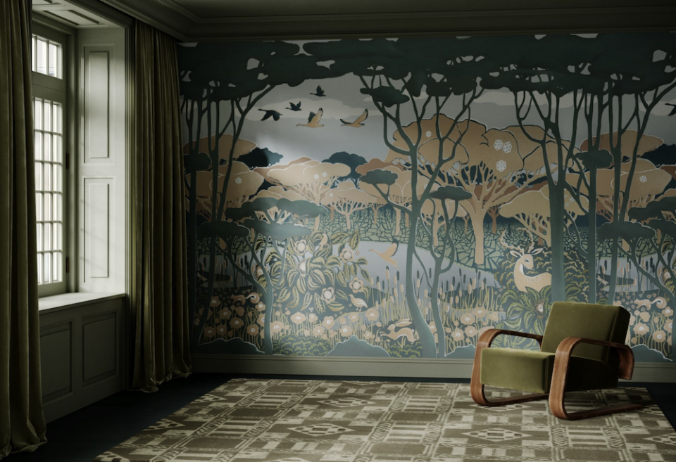 The Sheltering Pond mural in Muted Teal from the Woodlands collection by Aux Abris