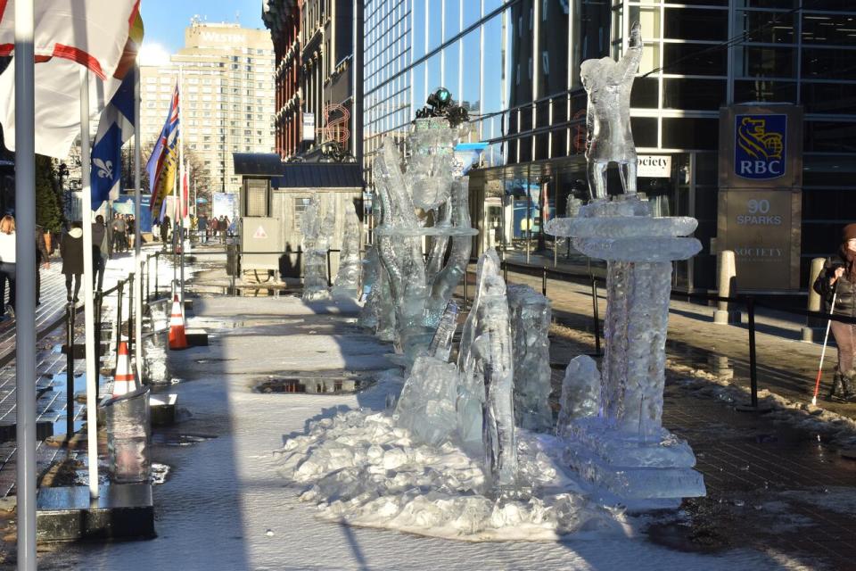 Ice sculptures melt in the setting sun during Winterlude in Ottawa on Feb. 8, 2023.