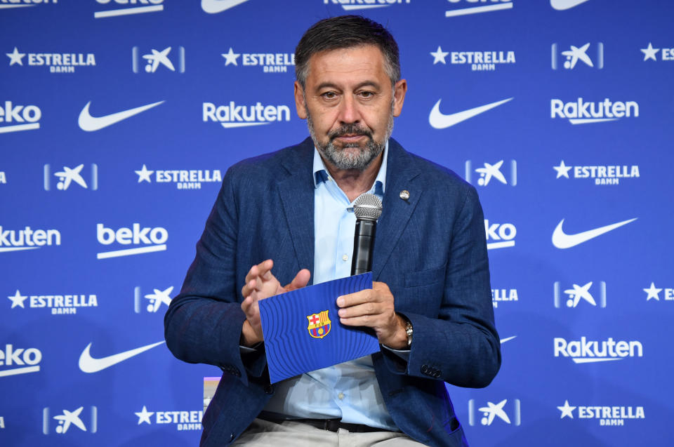 Josep Maria Bartomeu during the presentation of Pedri as the new player of FC Barcelona, on 20th August 2020. (Photo by Noelia Deniz/Urbanandsport /NurPhoto via Getty Images)