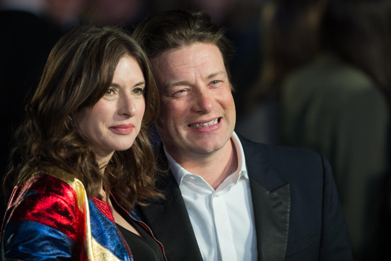 Jools Oliver and Jamie Oliver arrive for the European premiere of 'Eddie The Eagle' at Odeon Leicester Square on March 17, 2016 in London, England.  (Photo by Samir Hussein/WireImage)