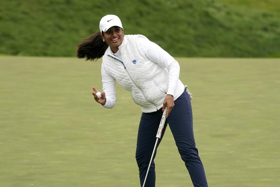 Megha Ganne waves after making her putt on the eighth green during the second round of the U.S. Women's Open golf tournament at The Olympic Club, Friday, June 4, 2021, in San Francisco. (AP Photo/Jeff Chiu)