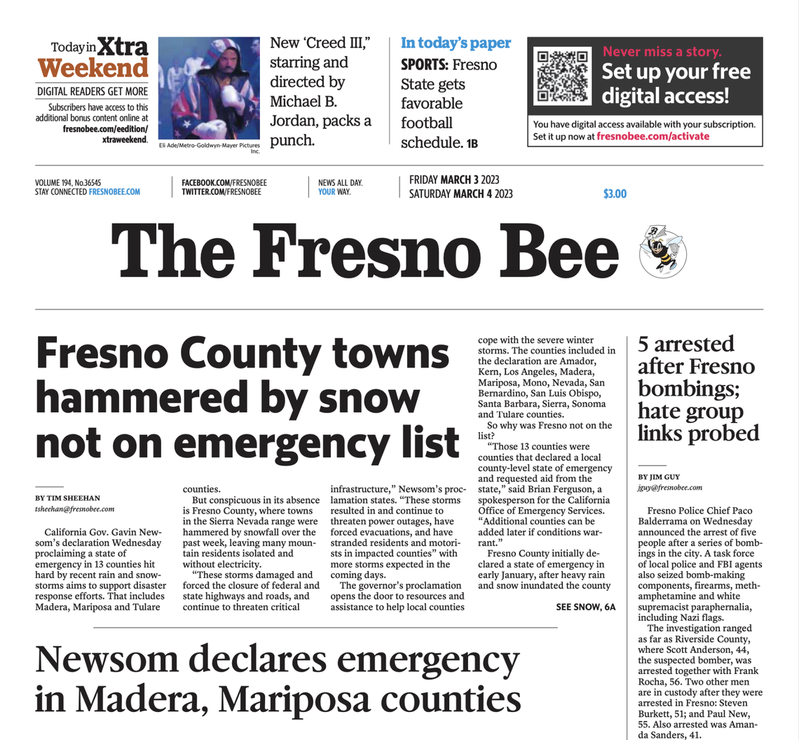 A digital replica of today’s print edition is available now at fresnobee.com/eedition. The digital paper includes dozens of pages of additional content. 