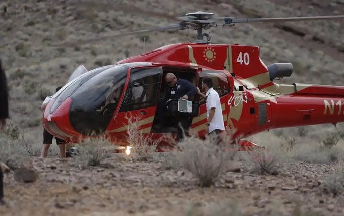 Investigators are on scene after a Eurocopter EC130 passenger helicopter, similar to the one shown here, crashed in the Mojave Desert on Friday night. There were no survivors