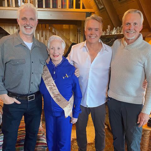 <p>Shaun Cassidy/Instagram</p> Shirley Jones with her three sons on her 90th birthday in 2024.