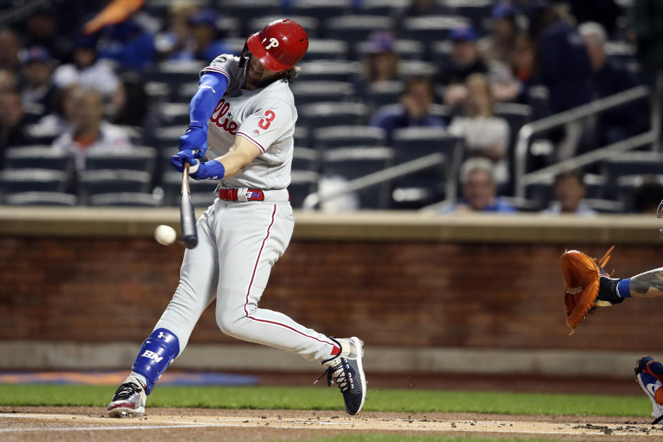 Philadelphia Phillies' Bryce Harper bats during the first inning of a baseball game against the New York Mets, Friday, Sept. 6, 2019, in New York. (AP Photo/Mary Altaffer)
