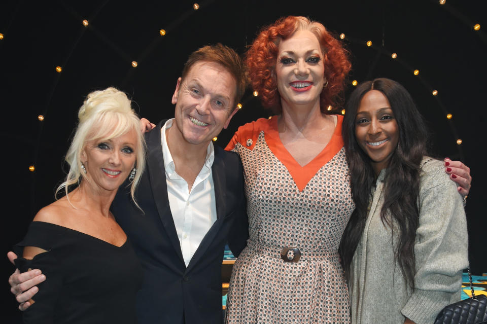 LONDON, ENGLAND - OCTOBER 02:  (L to R) Debbie McGee, Brian Conley, cast member Craig Revel Horwood and Alexandra Burke pose backstage following the cast change press night performance of 