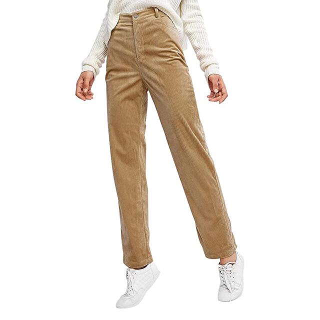 Women's Vintage Corduroy Pants High Waisted Straight Leg Pants Pockets  Trousers 