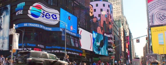 View of Times Square news ticker during Sea's IPO.