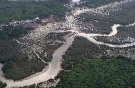 An overview of the Niger delta where signs of oil spills can be seen in the water in Port Harcourt, Nigeria August 1, 2018. Picture taken August 1, 2018.  REUTERS/Ron Bousso