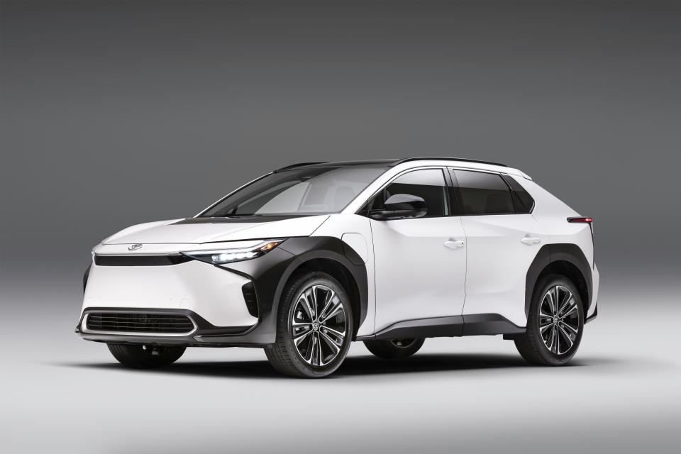 This photo provided by Toyota shows the 2022 Toyota bZ4X, a small electric SUV with an EPA-estimated range of up to 252 miles. (Courtesy of Toyota Motor Sales U.S.A. via AP)