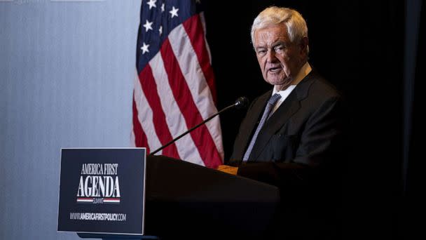 PHOTO: In this July 25, 2022, file photo, Newt Gingrich, former speaker of the US House of Representatives, speaks during the America First Policy Institute's America First Agenda summit in Washington, D.C. (Al Drago/Bloomberg via Getty Images, FILE)
