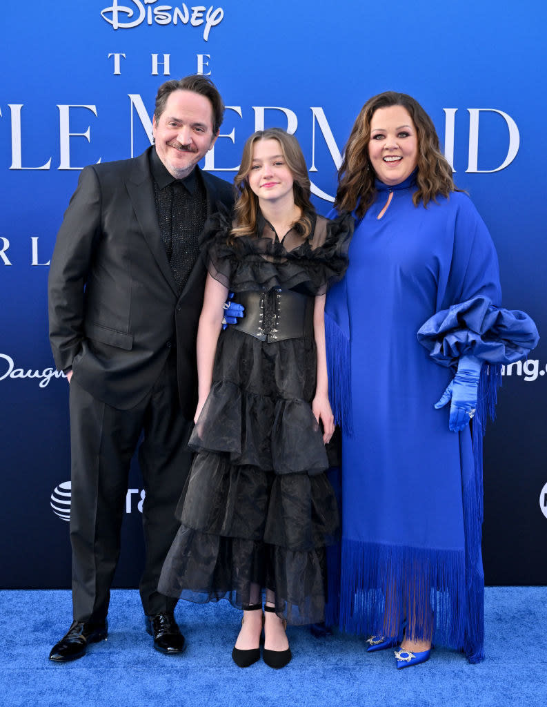 Ben Falcone, Vivian Falcone, and Melissa McCarthy at "The Little Mermaid" premiere