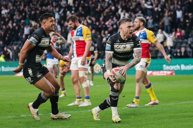 Morgan Smith celebrates his match winner for Hull FC.