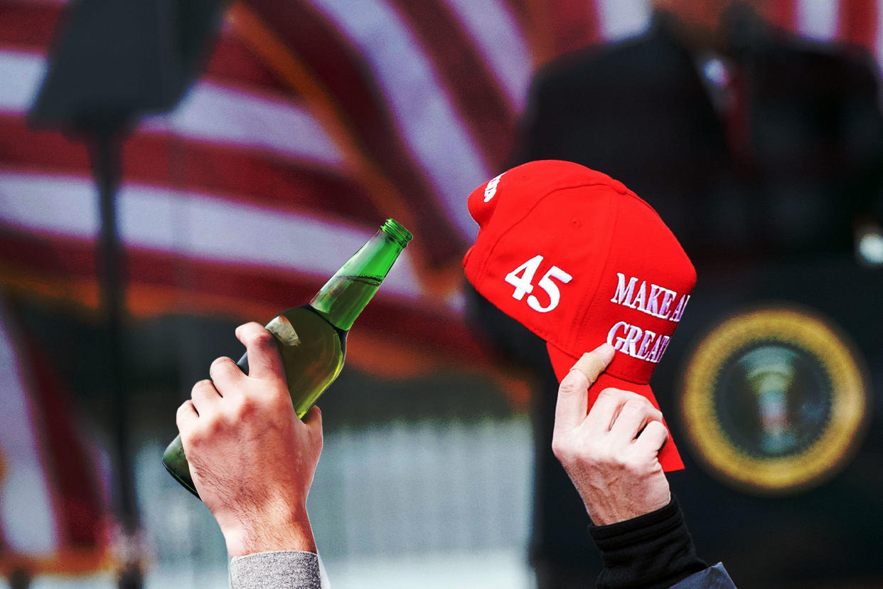 Trump supporters holding up a MAGA hat and a beer Photo illustration by Salon/Getty Images