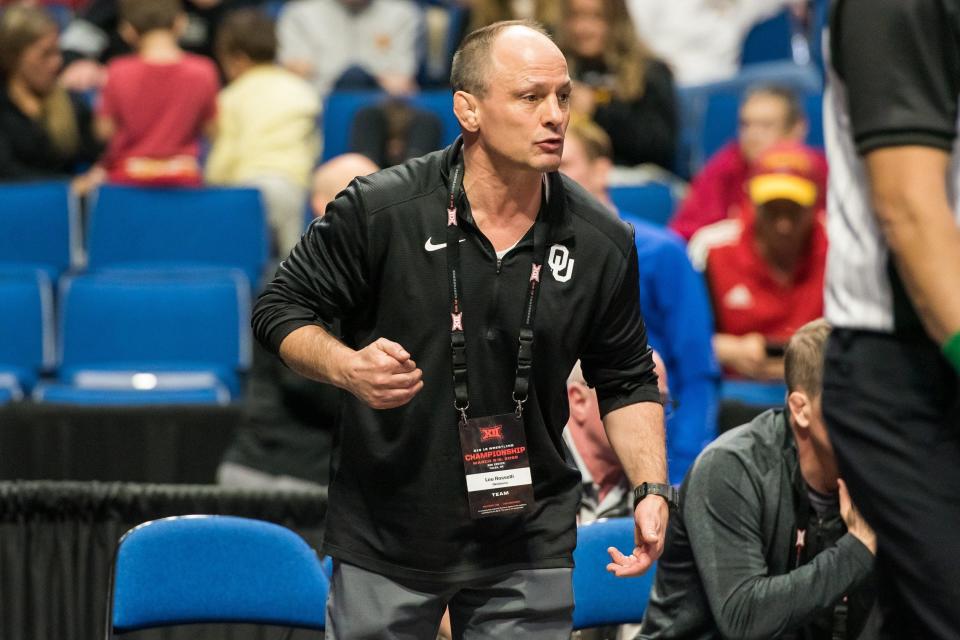 Lou Rosselli coaches the OU wrestlers during the 2022 Big Eight Championships. BRETT ROJO/Tulsa World