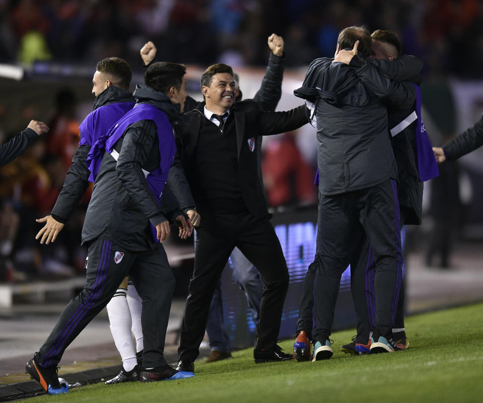 Marcelo Gallardo, coach of Argentina's River Plate, celebrates winning the Recopa Sudamericana against Brazil's Athletico Paranaense in Buenos Aires, Argentina, Thursday, May 30, 2019. (AP Photo/Gustavo Garello)