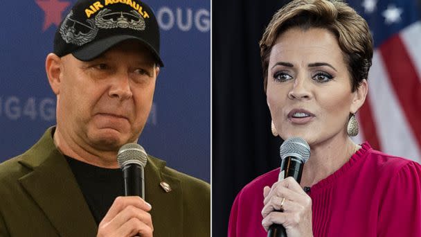 PHOTO: Republican nominee for Governor Doug Mastriano speaks to supporters during a campaign rally, Nov. 2, 2022, in Pittsburgh, Pa. Arizona Republican gubernatorial candidate Kari Lake greets supporters at a campaign rally, Nov. 7, 2022, in Phoenix. (Getty Images)