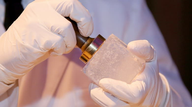 Gloved hands holding an ice stamp