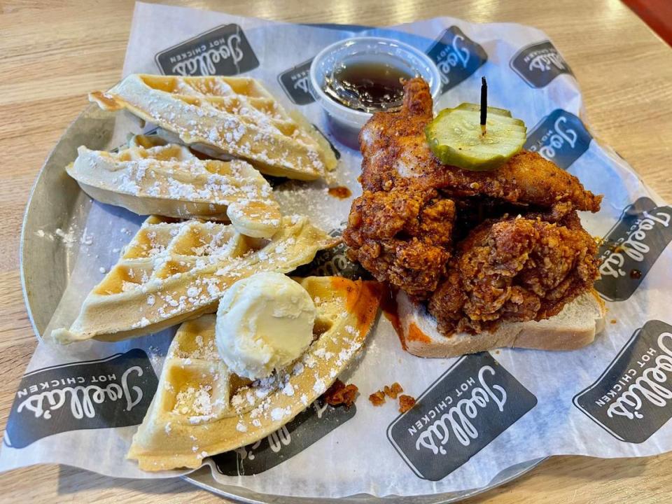 Joella’s offers chicken and waffles in a choice of two jumbo tenders or two big wings, with a traditional waffle.