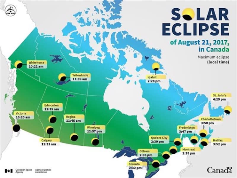 This image provides details on where and when to watch the partial solar eclipse in Canada. Photo from the Canadian Space Agency.