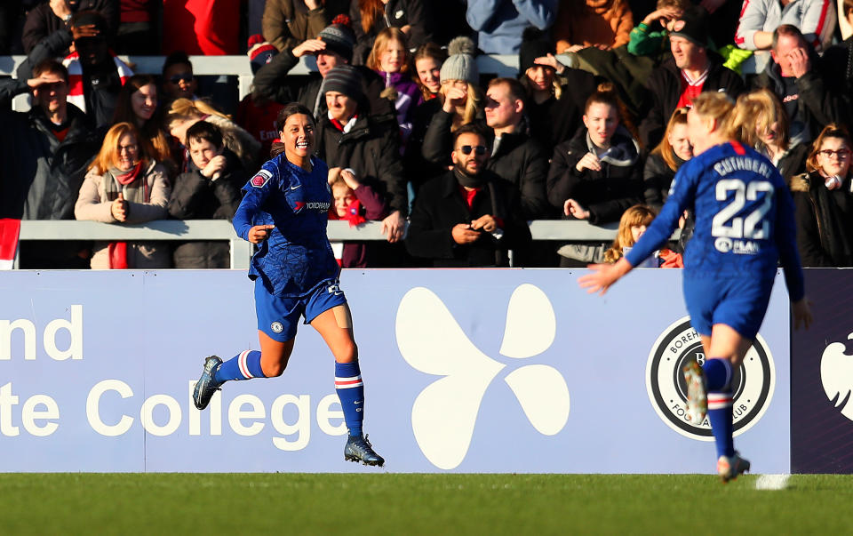 Sam Kerr scored her first goal for Chelsea in the Women's Super League during a drubbing of Arsenal. (Catherine Ivill/Getty Images)