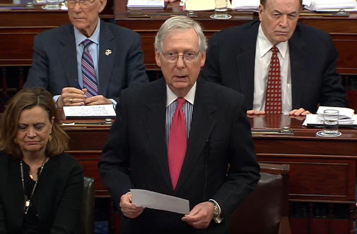 Senator Mitch McConnell addresses the Senate during the president's impeachment trial: Senate Television via Getty Images