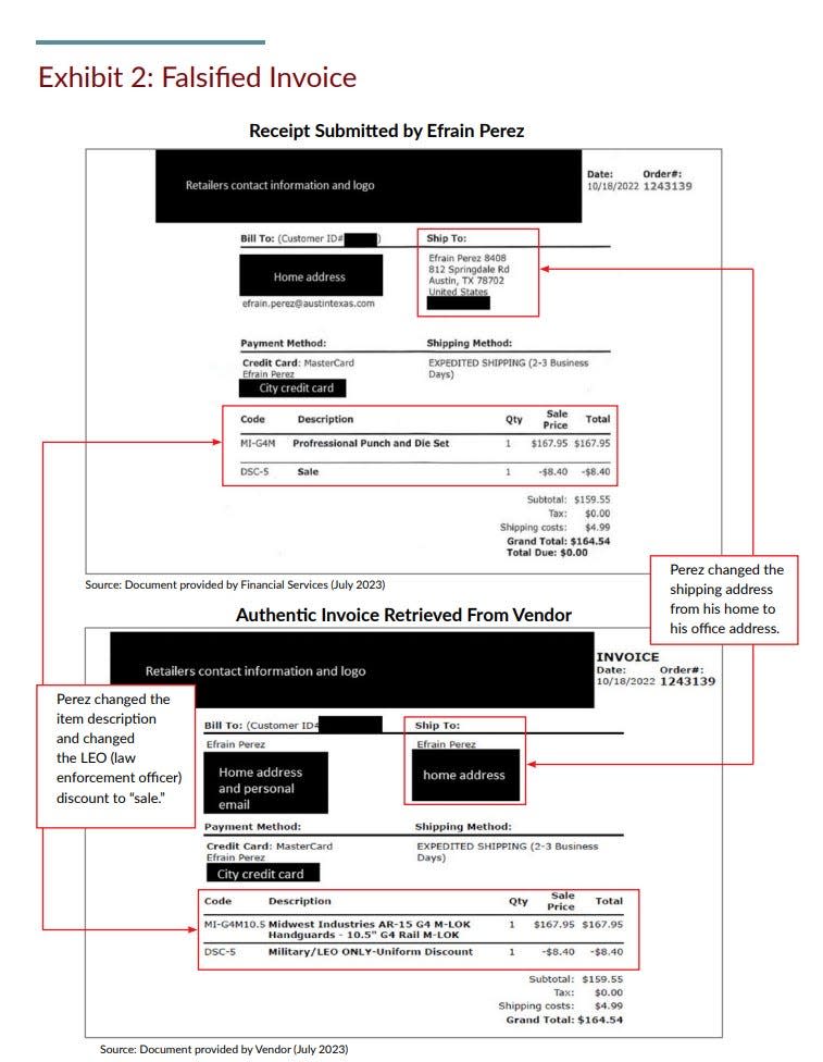 The city of Austin auditor claims this invoice was falsified by former city employee Efrain Perez.