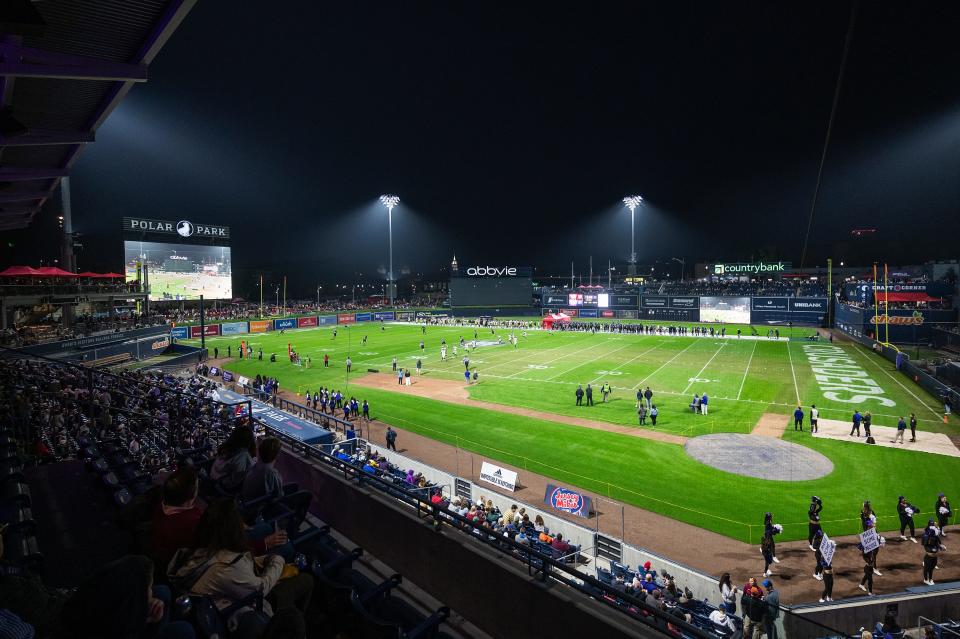 Harvard kicks off to Holy Cross to start the second half of the EBW Football Classic on Saturday September 30, 2023 at Polar Park in Worcester.