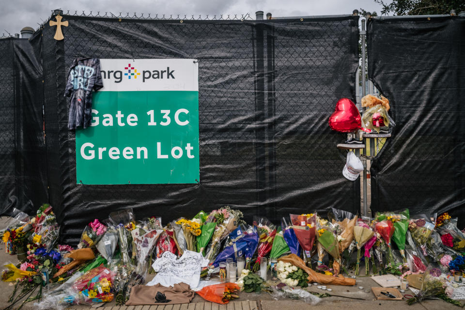 A memorial to those who died at the Astroworld festival is displayed outside of NRG Park on November 09, 2021 in Houston, Texas. Eight people were killed and dozens injured last Friday in a crowd surge during a Travis Scott concert at the Astroworld music festival. Several lawsuits have been filed against Scott, and authorities continue investigations around the event. Scott, a Houston-native rapper and musician, launched the festival in 2018.