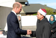 Britain's Prince William is greeted by Imam Gamal Fouda of Masjid Al Noor as he arrives at Masjid Al Noor in Christchurch, New Zealand, April 26, 2019. REUTERS/Tracey Nearmy/Pool