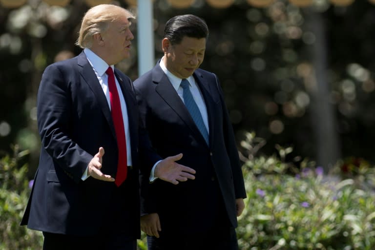 US President Donald Trump (L) and Chinese President Xi Jinping walk together at the Mar-a-Lago estate on April 7, 2017