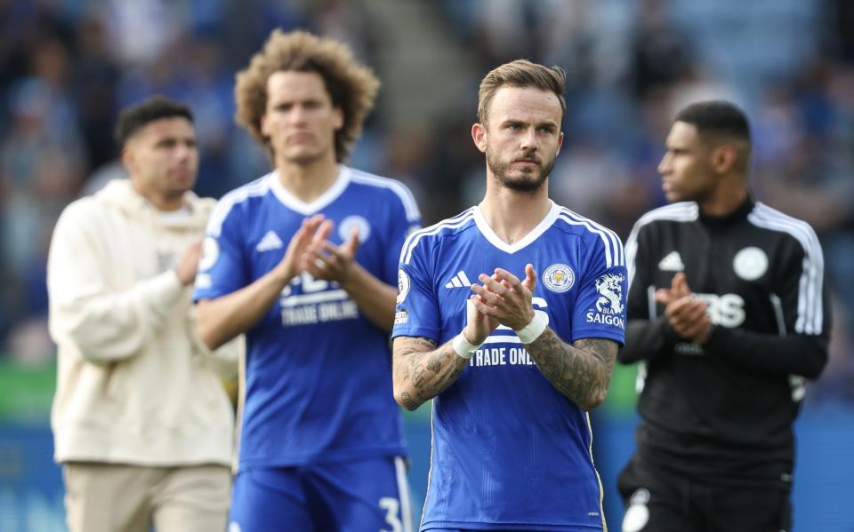 James Maddison of Leicester City at full time of the Premier League match between Leicester City and West Ham United at The King Power Stadium on May 28, 2023 in Leicester, United Kingdom - Getty Images/James Williamson