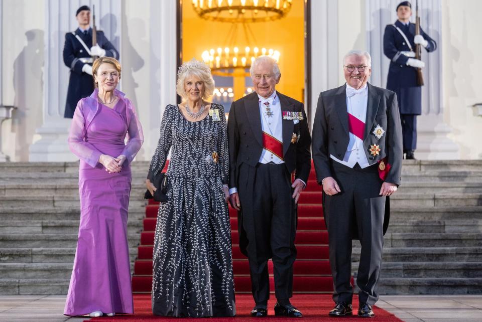 King Charles III and Queen Camilla attend a State Banquet in Berlin, Germany, with President Frank-Walter Steinmeier and his wife Elke Büdenbender on March 29, 2023.