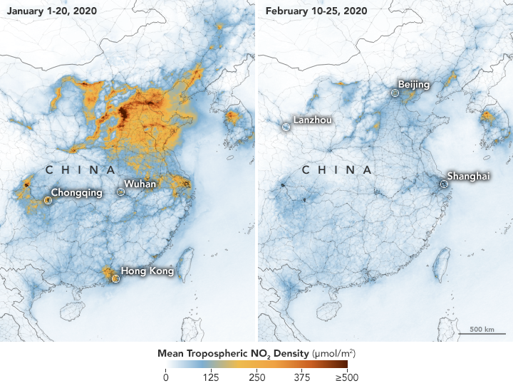 Two maps showing how the pollution above Beijing and Shanghai has cleared (Picture: Nasa/European Space Agency)