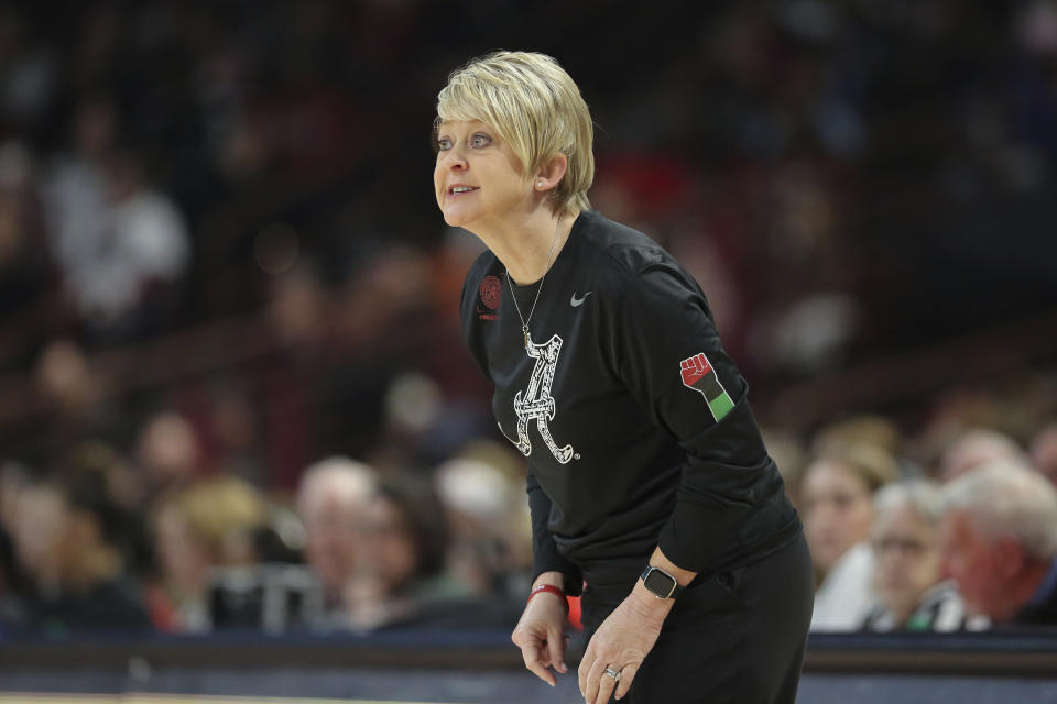 Alabama coach Kristy Curry tries to get the attention of a player during the first half of the team's NCAA college basketball game against South Carolina on Thursday, Feb. 22, 2024, in Columbia, S.C. (AP Photo/Artie Walker Jr.)