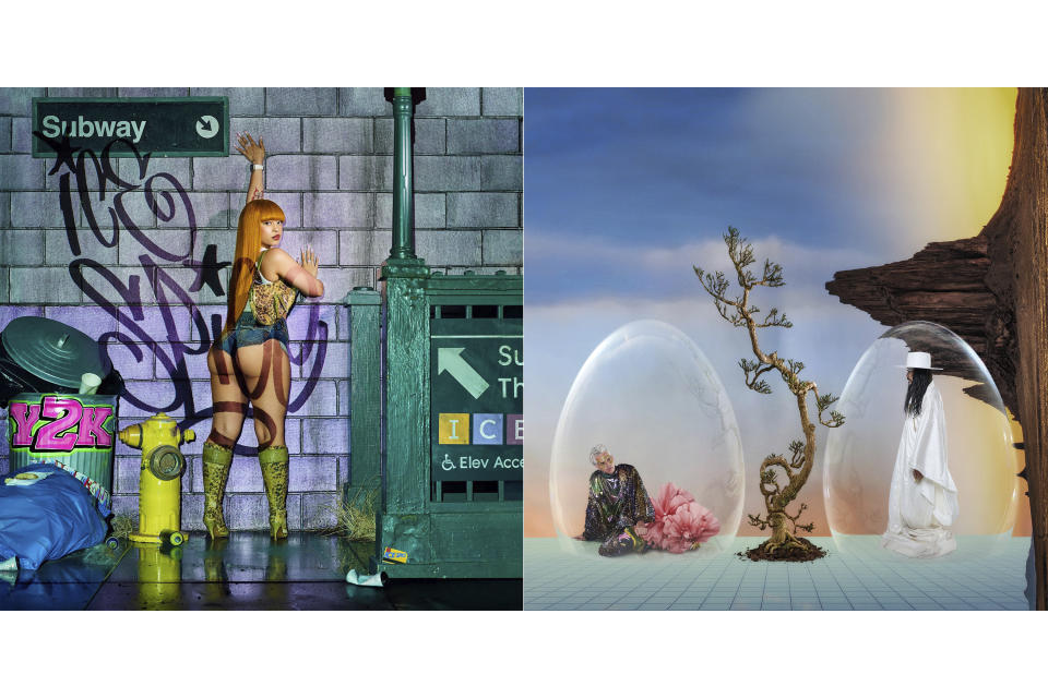 This combination of album covers show "Y2K! " by Ice Spice, left, and “Ask That God” by Empire of the Sun. (10K Projects/Capitol Records via AP, left, and Capitol Records via AP)