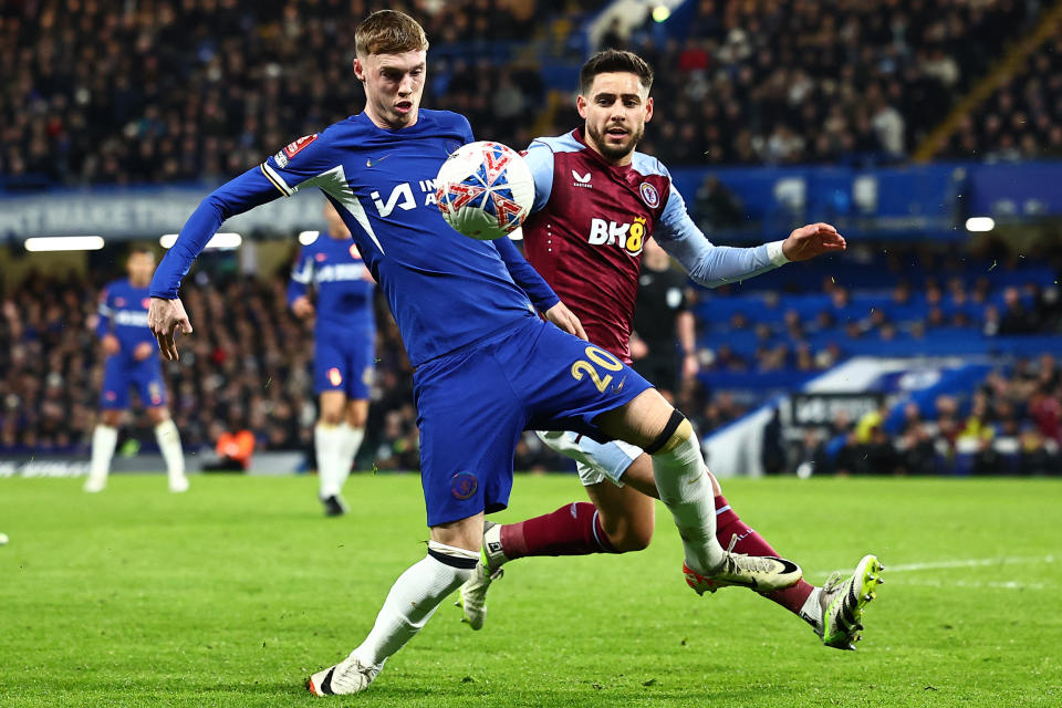 Chelsea's English midfielder #20 Cole Palmer (L) vies with Aston Villa's Spanish defender #15 Alex Moreno (R) during the English FA Cup fourth round football match between Chelsea and Aston Villa at Stamford Bridge in London on January 26, 2024. (Photo by HENRY NICHOLLS / AFP) / RESTRICTED TO EDITORIAL USE. No use with unauthorized audio, video, data, fixture lists, club/league logos or 'live' services. Online in-match use limited to 120 images. An additional 40 images may be used in extra time. No video emulation. Social media in-match use limited to 120 images. An additional 40 images may be used in extra time. No use in betting publications, games or single club/league/player publications. /  (Photo by HENRY NICHOLLS/AFP via Getty Images)