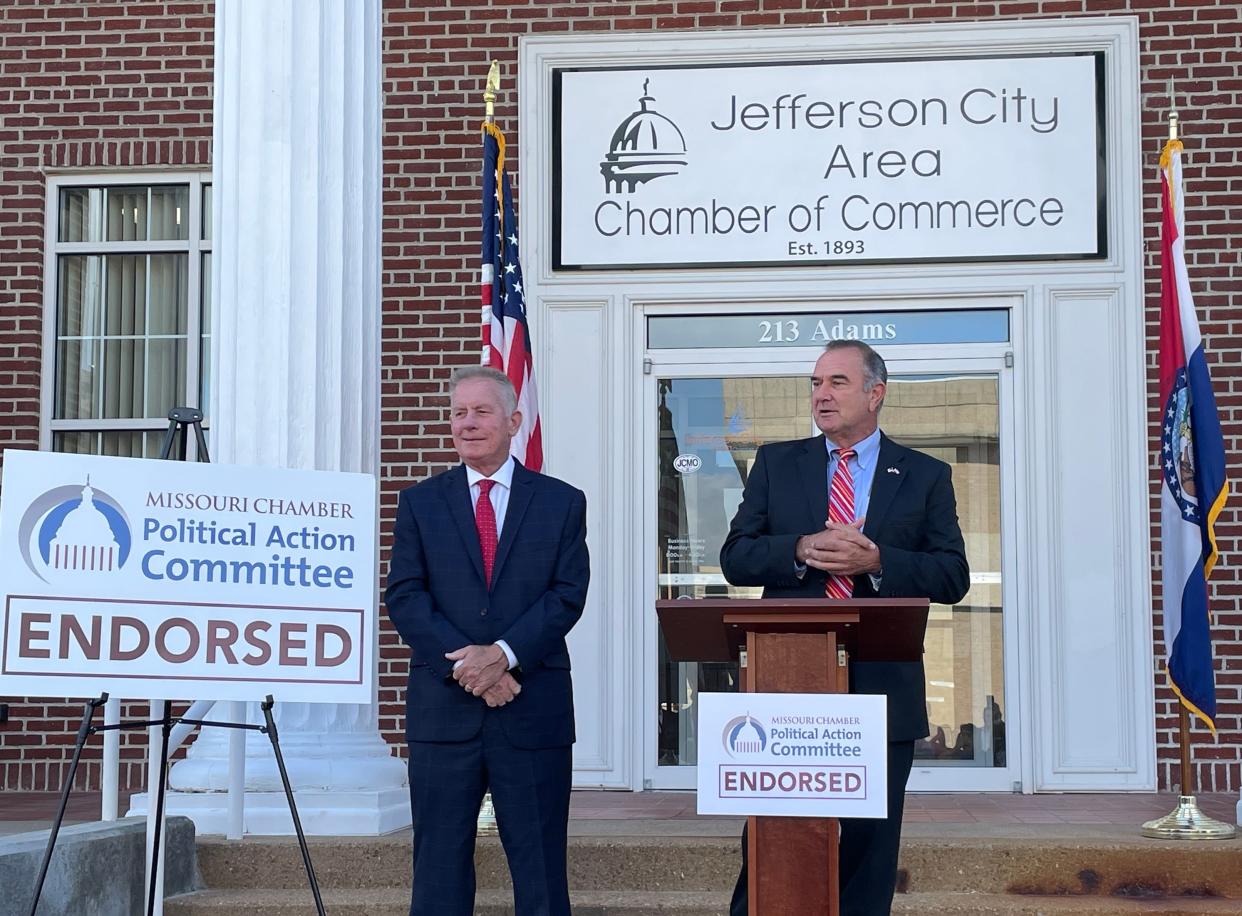 Daniel Mehan, president and CEO of the Missouri Chamber of Commerce and Industry, and Lt. Gov. Mike Kehoe speak at an event announcing the endorsement of Kehoe's 2024 gubernatorial campaign by the Missouri Chamber PAC on Sept. 12, 2023 in Jefferson City.