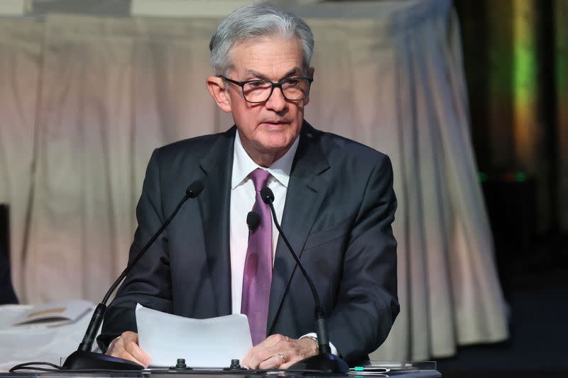 Federal Reserve Chairman Jerome Powell speaks during a meeting of the Economic Club of New York in New York