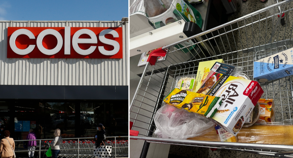 Left image of Coles storefront. Right image is of a Coles trolley full of groceries. 