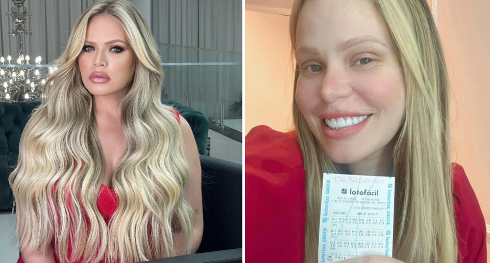 Influencer Paulinha Leite with lottery ticket. 