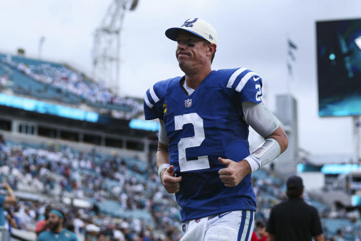 Indianapolis Colts quarterback Matt Ryan (2) leaves the field following an NFL football game against the Jacksonville Jaguars, Sunday, Sept. 18, 2022, in Jacksonville, Fla. The Jaguars defeated the Colts 24-0. (AP Photo/Gary McCullough)