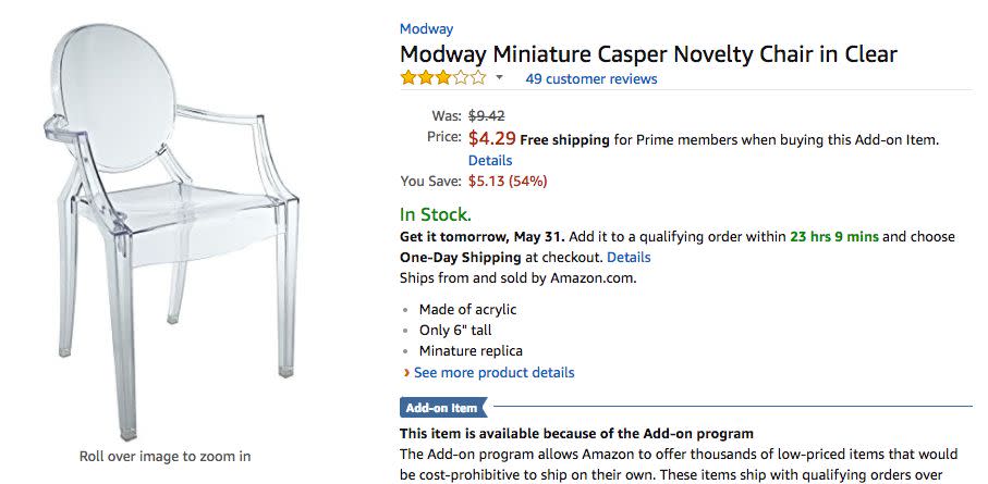 The chair&nbsp;Blaque ordered. (Photo: <a href="https://www.amazon.com/Modway-Miniature-Casper-Novelty-Chair/dp/B005FG369G/ref=sr_1_1?s=home-garden&ie=UTF8&qid=1496162969&sr=1-1&keywords=modway+miniature+casper+chair" target="_blank">Amazon</a>)