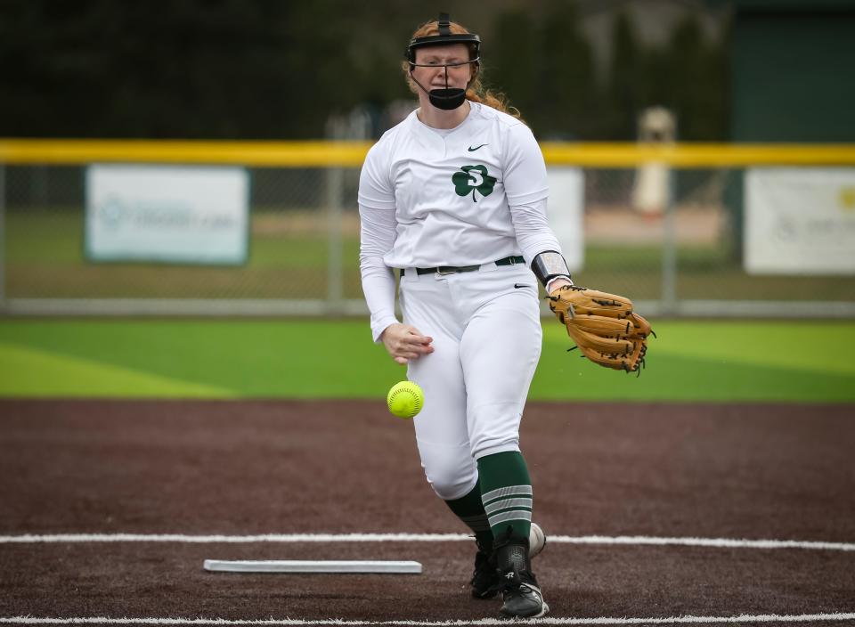 Sheldon pitcher Payton Burnham throws out a pitch as the Sheldon Irish host the South Eugene Axe Saturday, April 8, 2023, at Sheldon High School in Eugene.