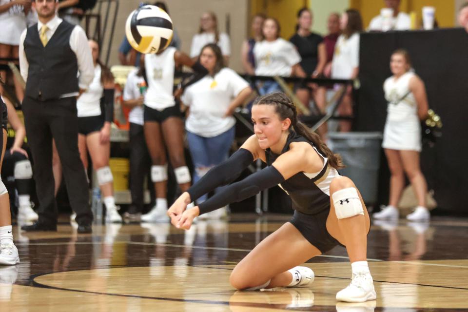 Amarillo High’s Bird Moffitt (4) bumps the ball in a non district game against Randall, August 22, 2023, at Amarillo High School in Amarillo, Texas. Amarillo High won 3-2